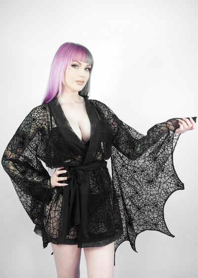 Black Widow Spiderweb Bat Wing Kimono - Agashi Shop